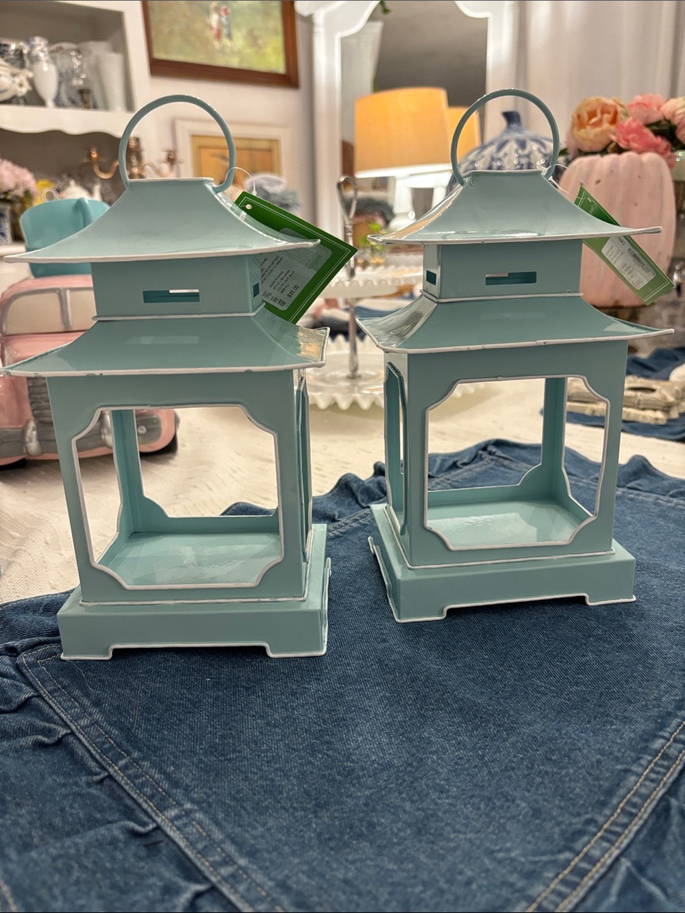 NWT Southern Living Light Blue Pagoda Lanterns Lot Set